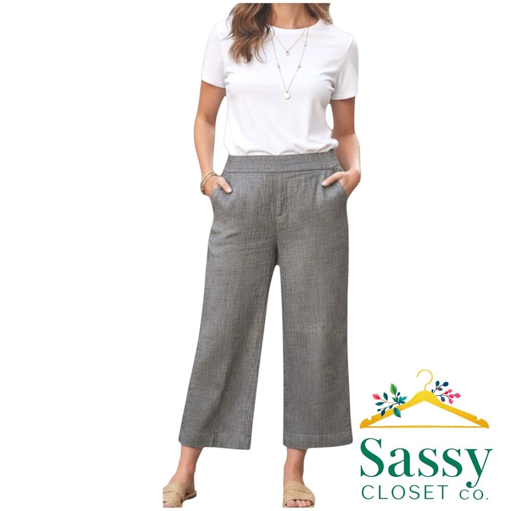 Coldwater Creek Gray Chambray Crop Pants 14 Straight Leg Natural Fit